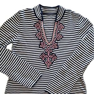 Tory Burch Shirt Nautical Striped Tunic‎ Embroidered Women's Medium/Large